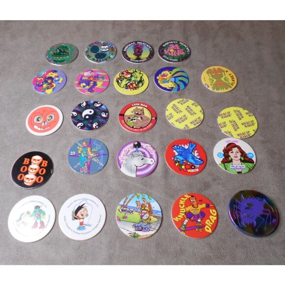 Misc Vintage POG Milkcaps Lot of 24: Slammer Jammer, WPF, Cookie Crisp, Simpsons - Picture 2 of 12